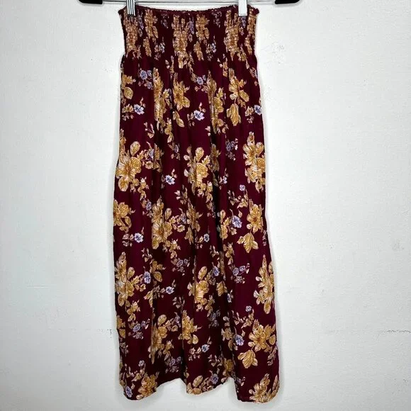 Natural Life Meadow Maroon Gold Tan Floral Smocked Waist Midi Skirt XS / S - Picture 3 of 13